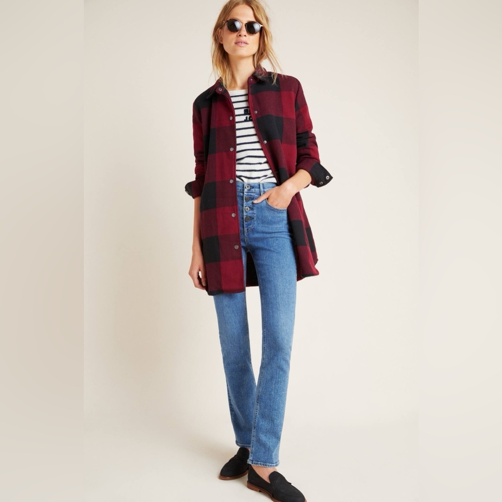 BB Dakota Anthropologie Eldridge Buffalo Plaid Jacket Shacket Dark Red Large - Picture 3 of 16